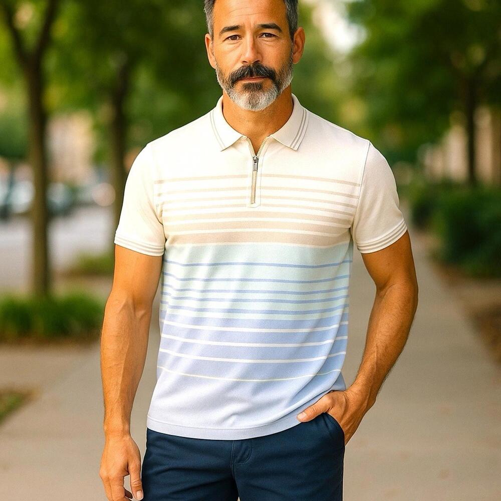 Club Room Men’s Medium Tech Sport 1/4-Zip Short Sleeve Polo Shirt Striped NWT